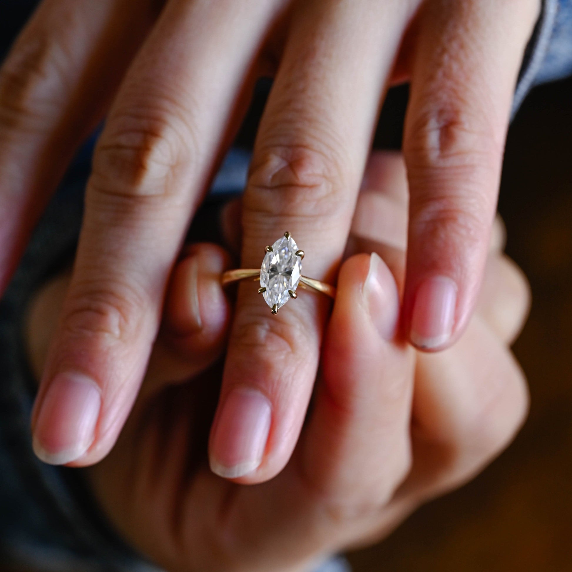 SquareJewelry marquise cut moissanite engagement ring Solid Gold Hidden Halo Stackable Marquise Cut Moissanite Engagement Ring