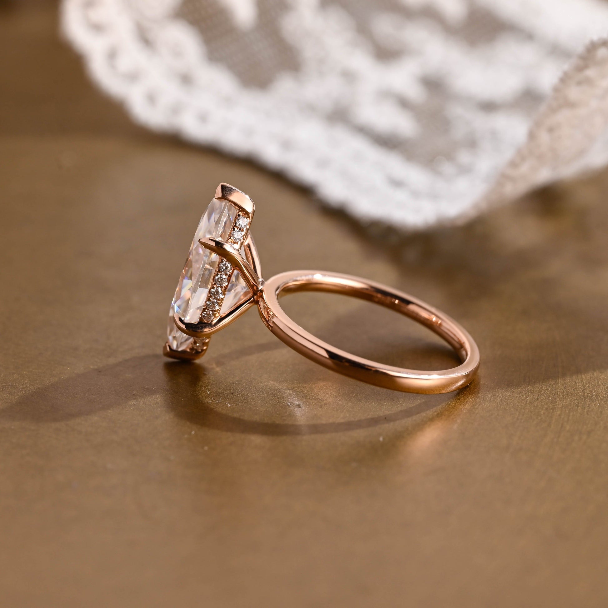 SquareJewelry marquise cut moissanite engagement ring Solid Gold Hidden Halo Stackable Marquise Cut Moissanite Engagement Ring