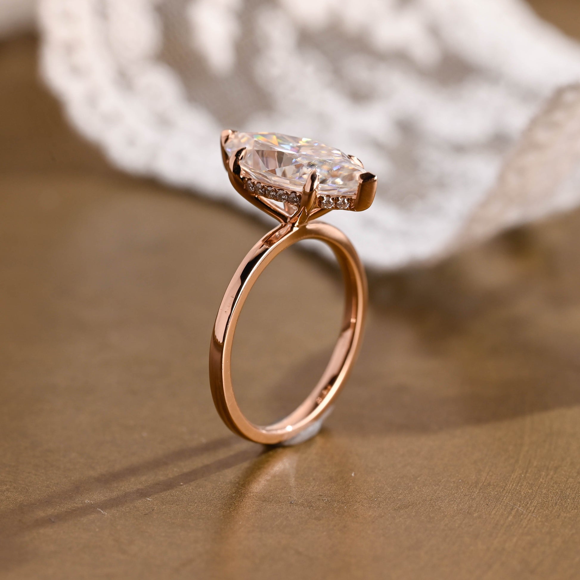 SquareJewelry marquise cut moissanite engagement ring Solid Gold Hidden Halo Stackable Marquise Cut Moissanite Engagement Ring