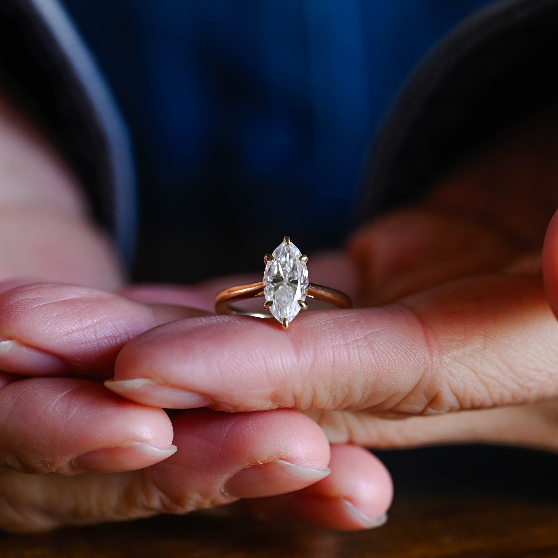 SquareJewelry marquise cut moissanite engagement ring Solid Gold Hidden Halo Stackable Marquise Cut Moissanite Engagement Ring