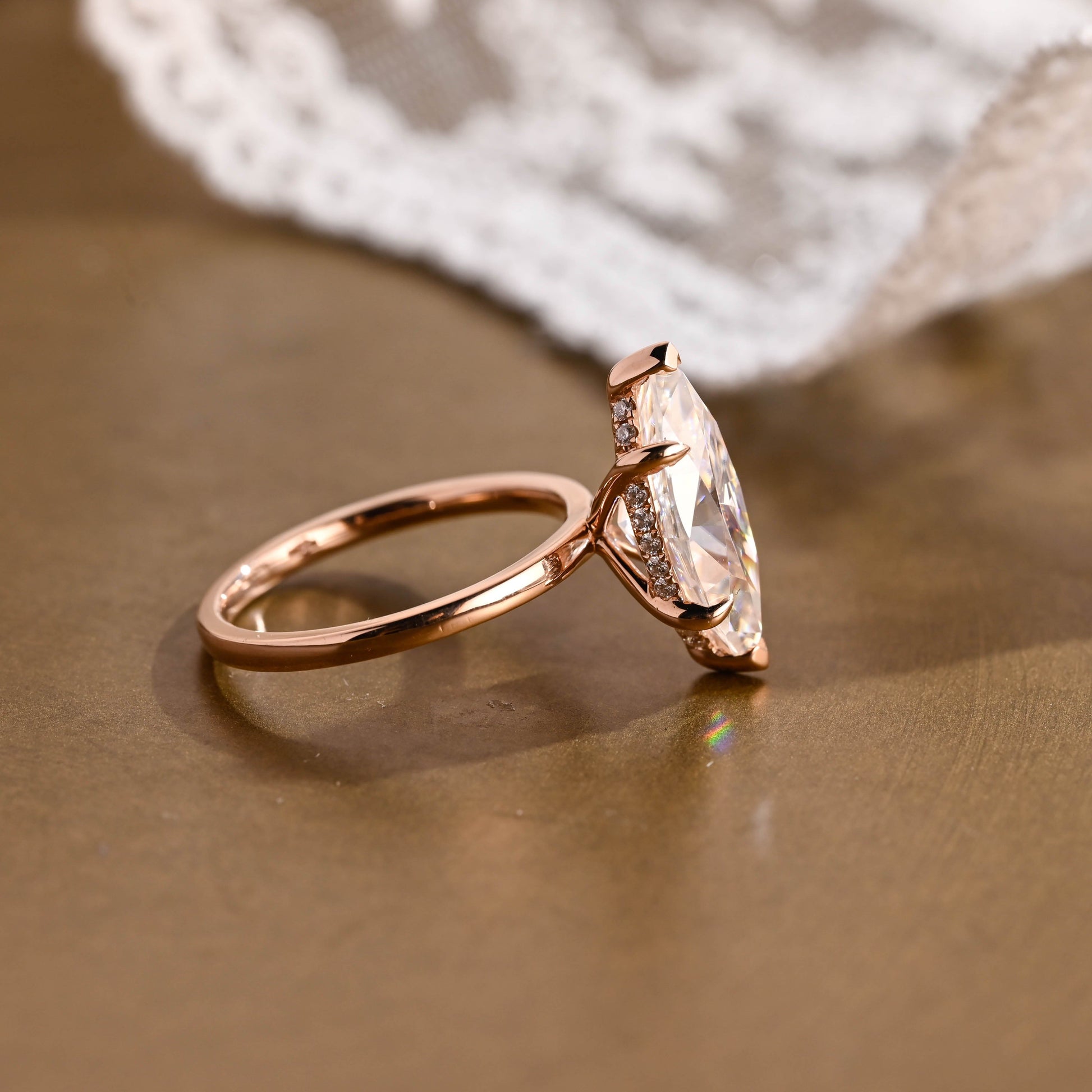 SquareJewelry marquise cut moissanite engagement ring Solid Gold Hidden Halo Stackable Marquise Cut Moissanite Engagement Ring