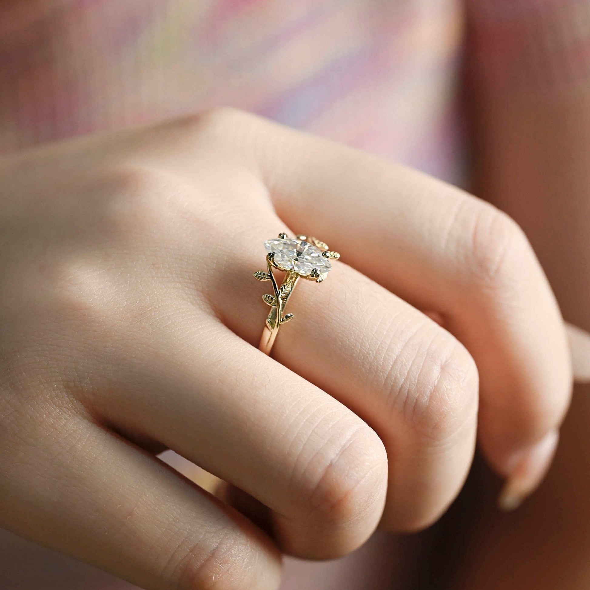 SquareJewelry marquise cut moissanite engagement ring Solid Gold Leaf Marquise Moissanite Engagement Ring
