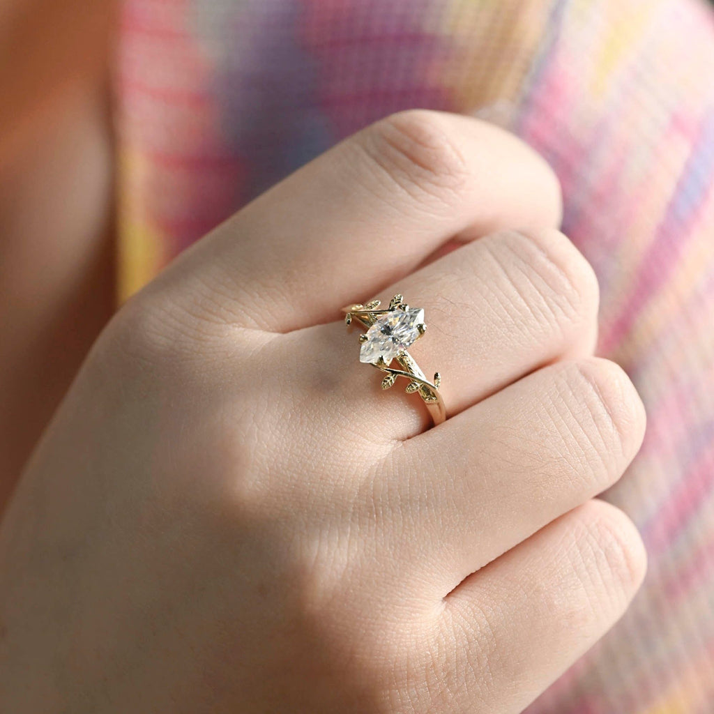 SquareJewelry marquise cut moissanite engagement ring Solid Gold Leaf Marquise Moissanite Engagement Ring