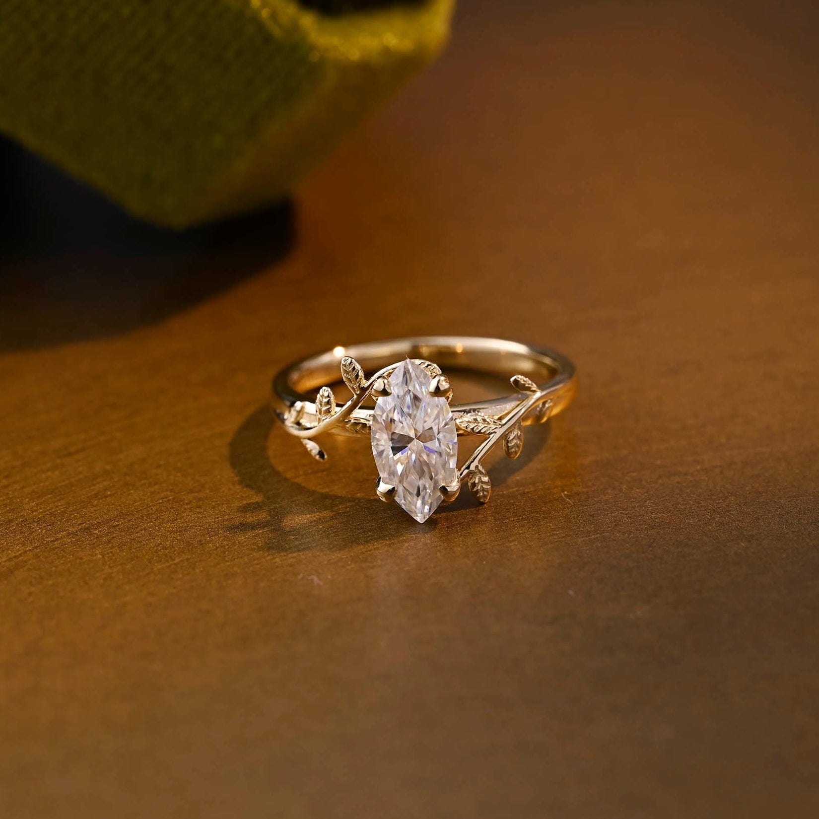 SquareJewelry marquise cut moissanite engagement ring Solid Gold Leaf Marquise Moissanite Engagement Ring