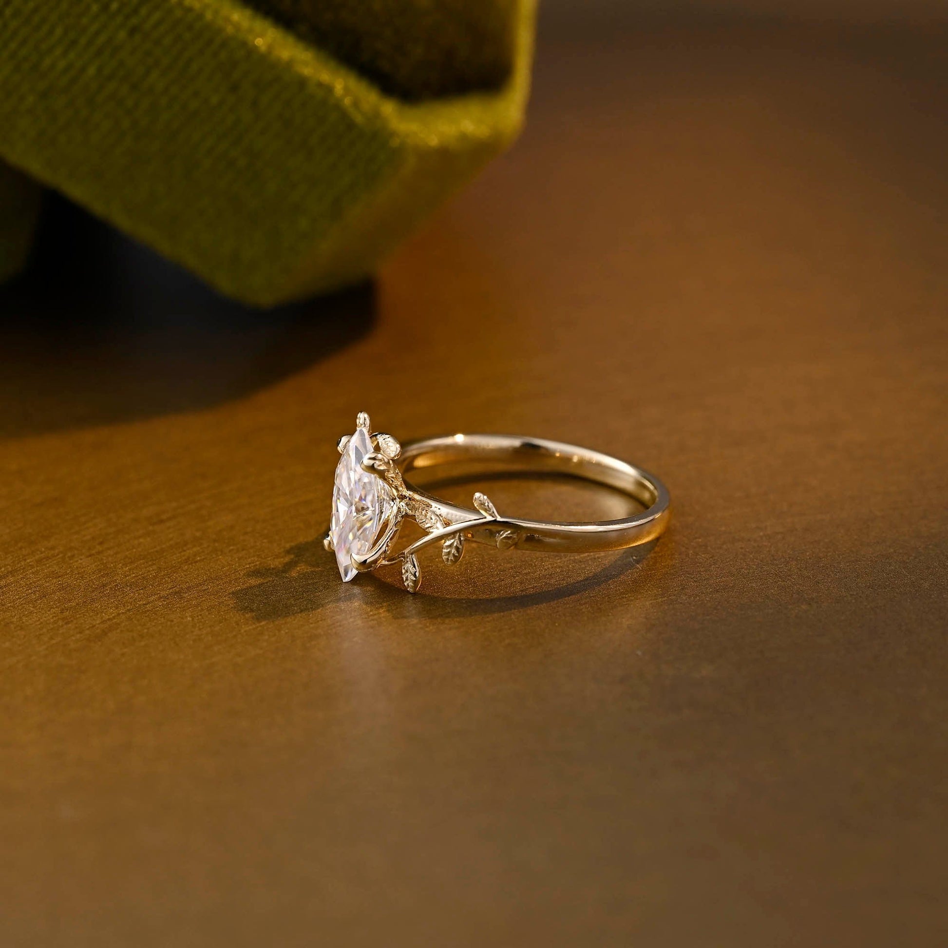 SquareJewelry marquise cut moissanite engagement ring Solid Gold Leaf Marquise Moissanite Engagement Ring