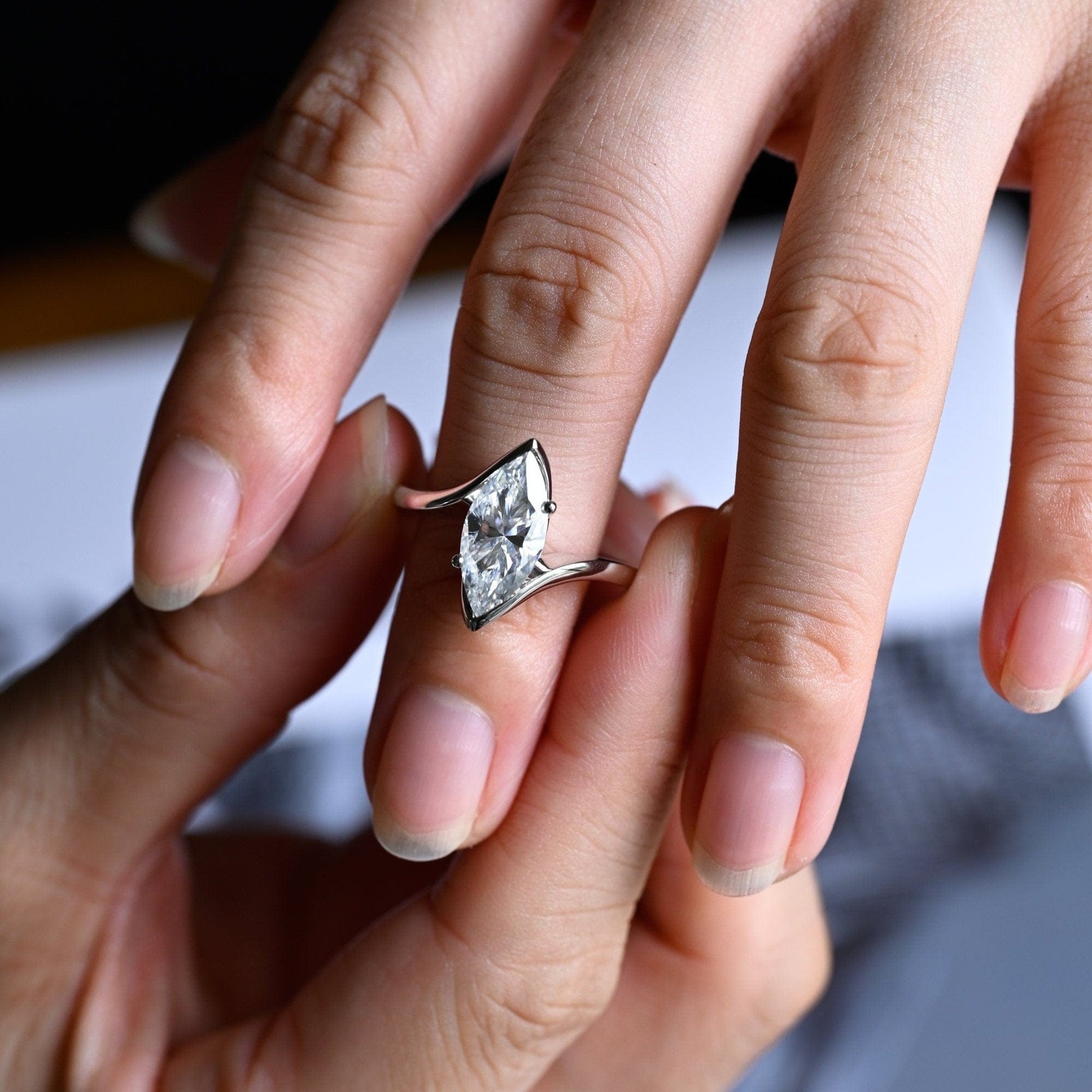 SquareJewelry marquise cut moissanite engagement ring Solid Gold Marquise Cut Moissanite Engagement Ring