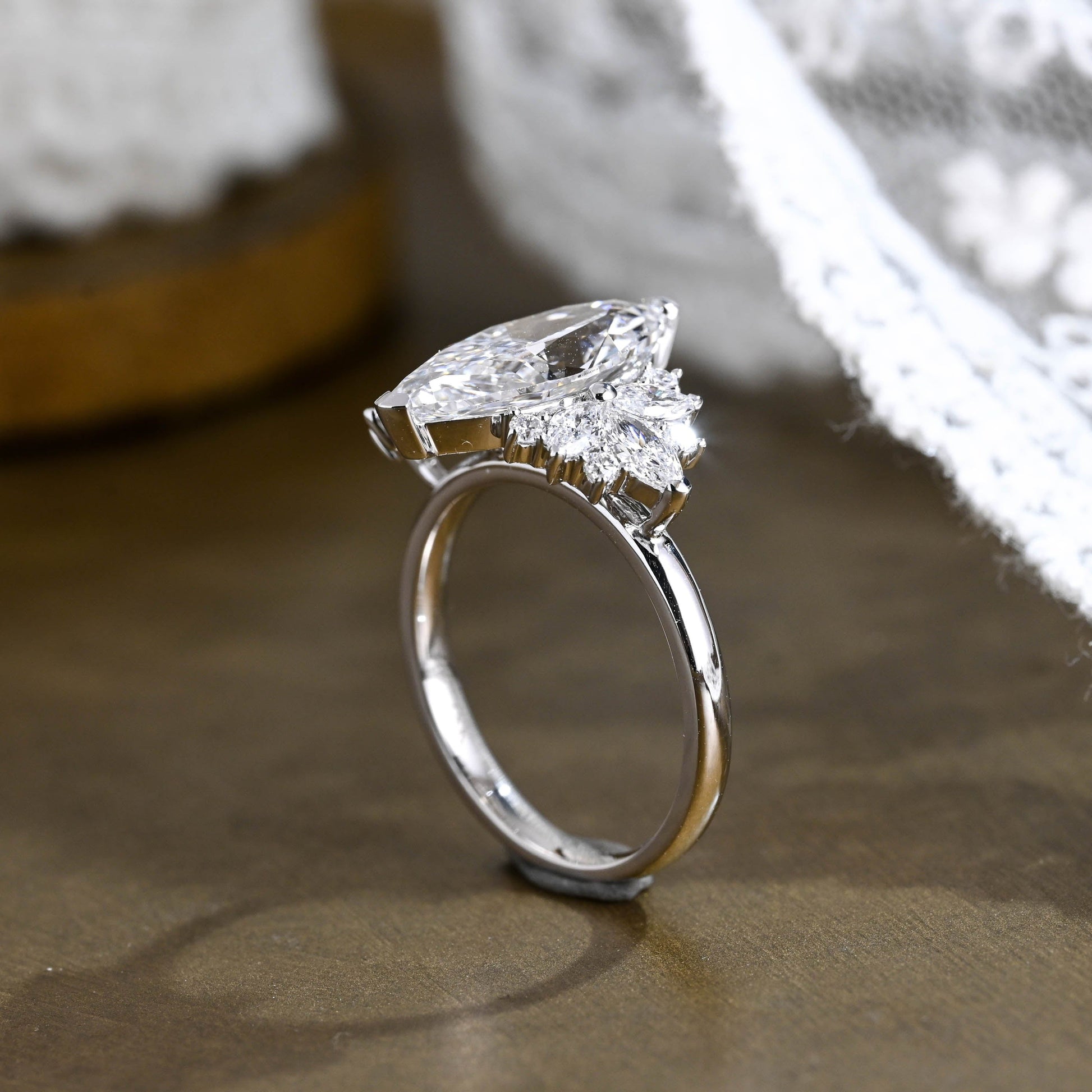 SquareJewelry marquise cut moissanite engagement ring Solid Gold Side Cluster Marquise Cut Moissanite Engagement Ring