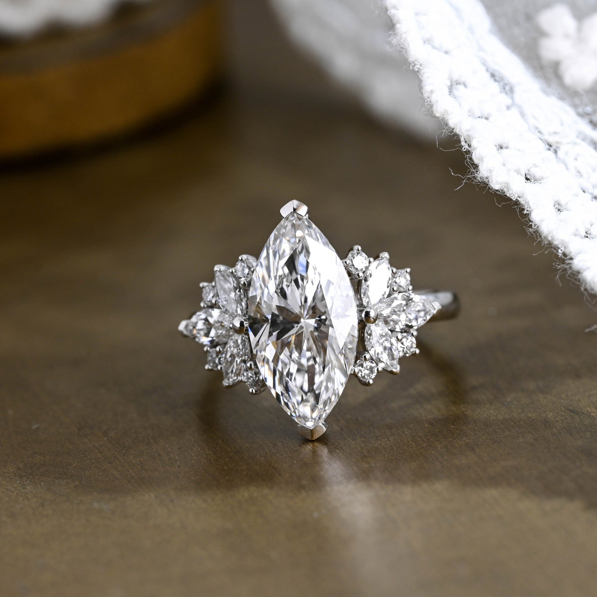 SquareJewelry marquise cut moissanite engagement ring Solid Gold Side Cluster Marquise Cut Moissanite Engagement Ring