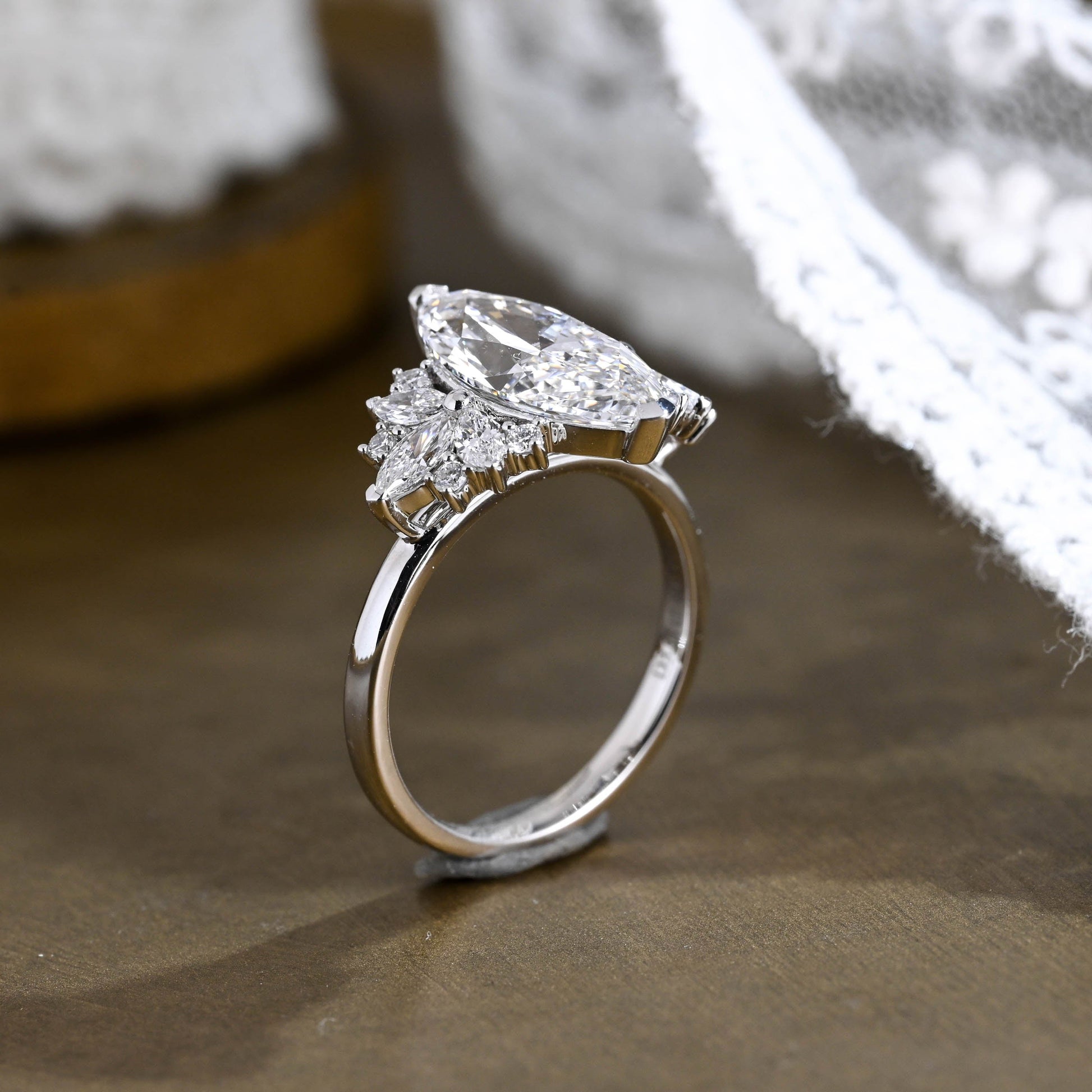 SquareJewelry marquise cut moissanite engagement ring Solid Gold Side Cluster Marquise Cut Moissanite Engagement Ring