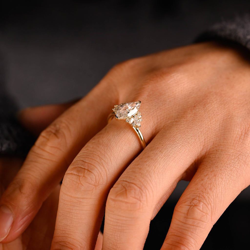 SquareJewelry marquise cut moissanite engagement ring Solid Gold Side Cluster Marquise Cut Moissanite Engagement Ring