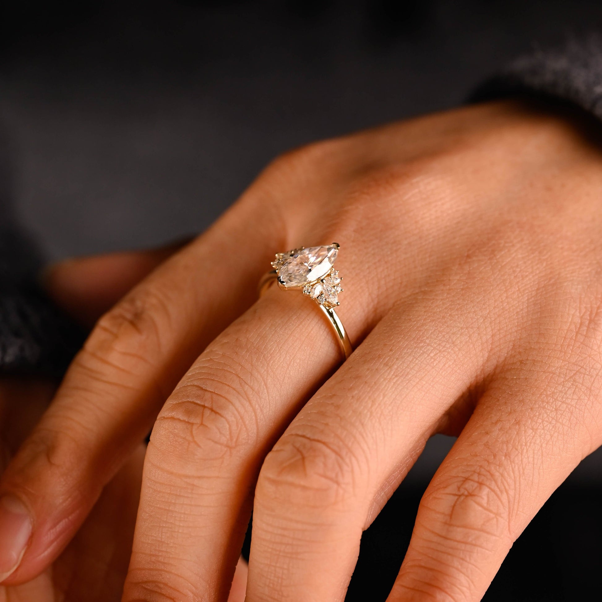 SquareJewelry marquise cut moissanite engagement ring Solid Gold Side Cluster Marquise Cut Moissanite Engagement Ring