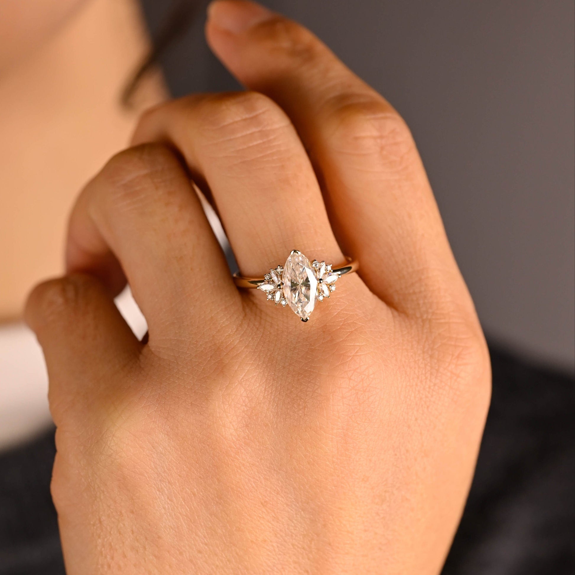 SquareJewelry marquise cut moissanite engagement ring Solid Gold Side Cluster Marquise Cut Moissanite Engagement Ring
