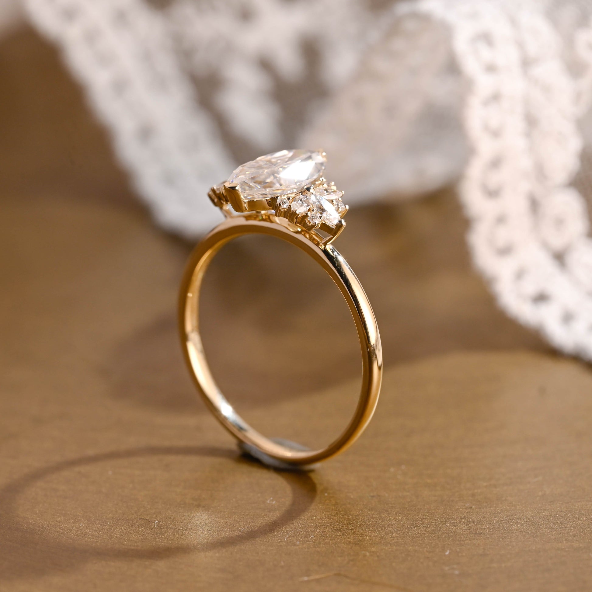 SquareJewelry marquise cut moissanite engagement ring Solid Gold Side Cluster Marquise Cut Moissanite Engagement Ring