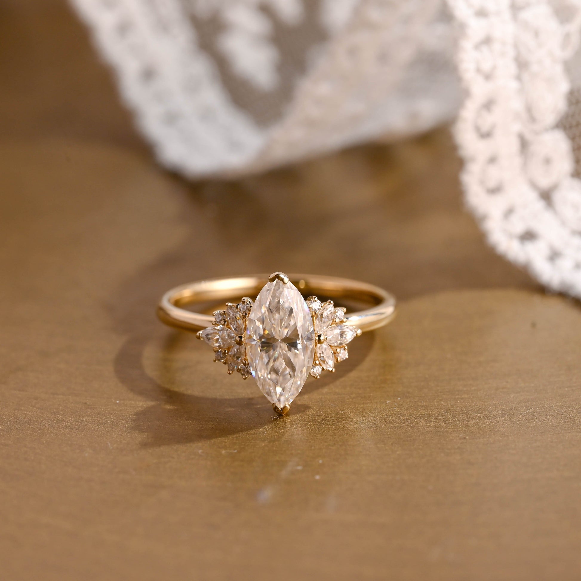 SquareJewelry marquise cut moissanite engagement ring Solid Gold Side Cluster Marquise Cut Moissanite Engagement Ring