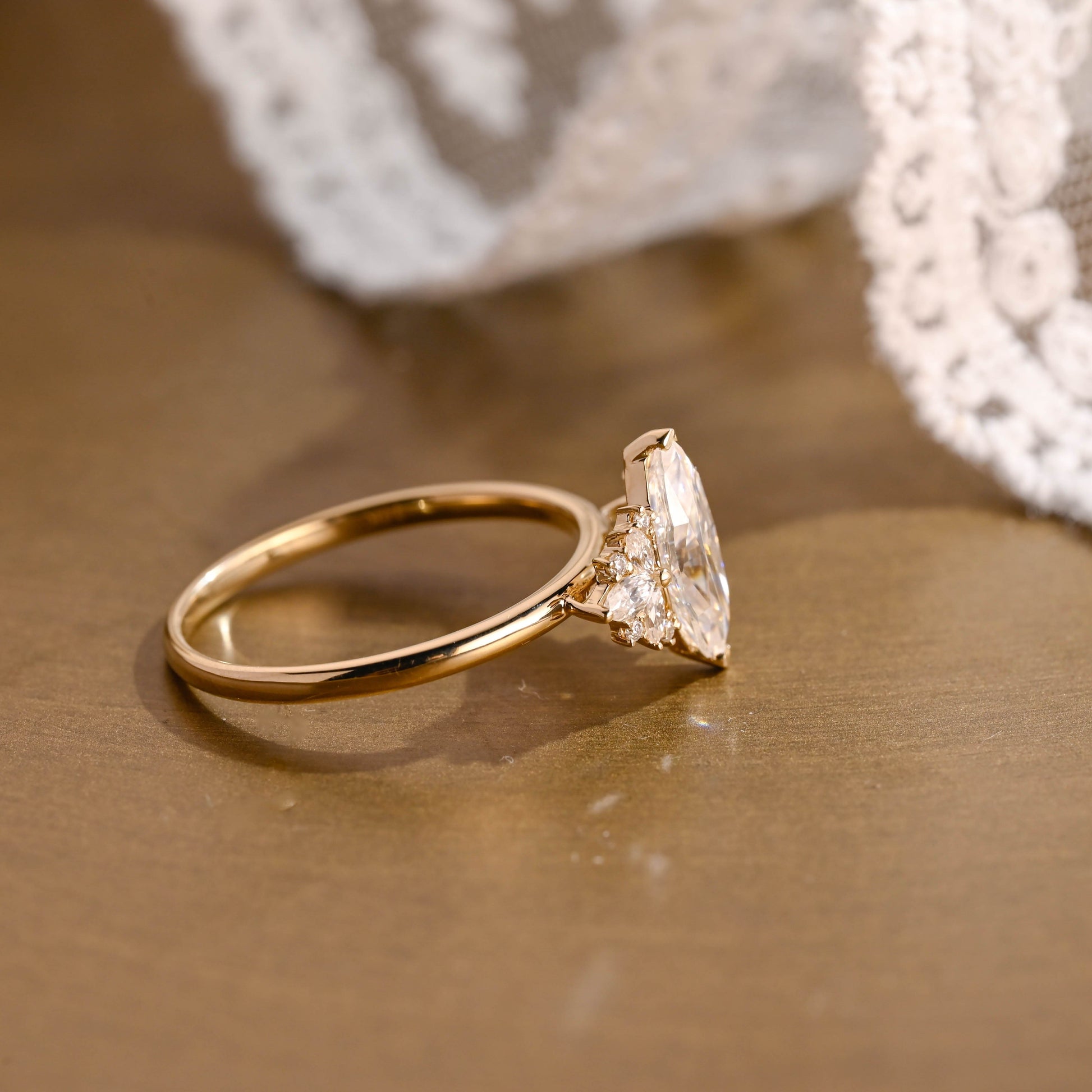 SquareJewelry marquise cut moissanite engagement ring Solid Gold Side Cluster Marquise Cut Moissanite Engagement Ring