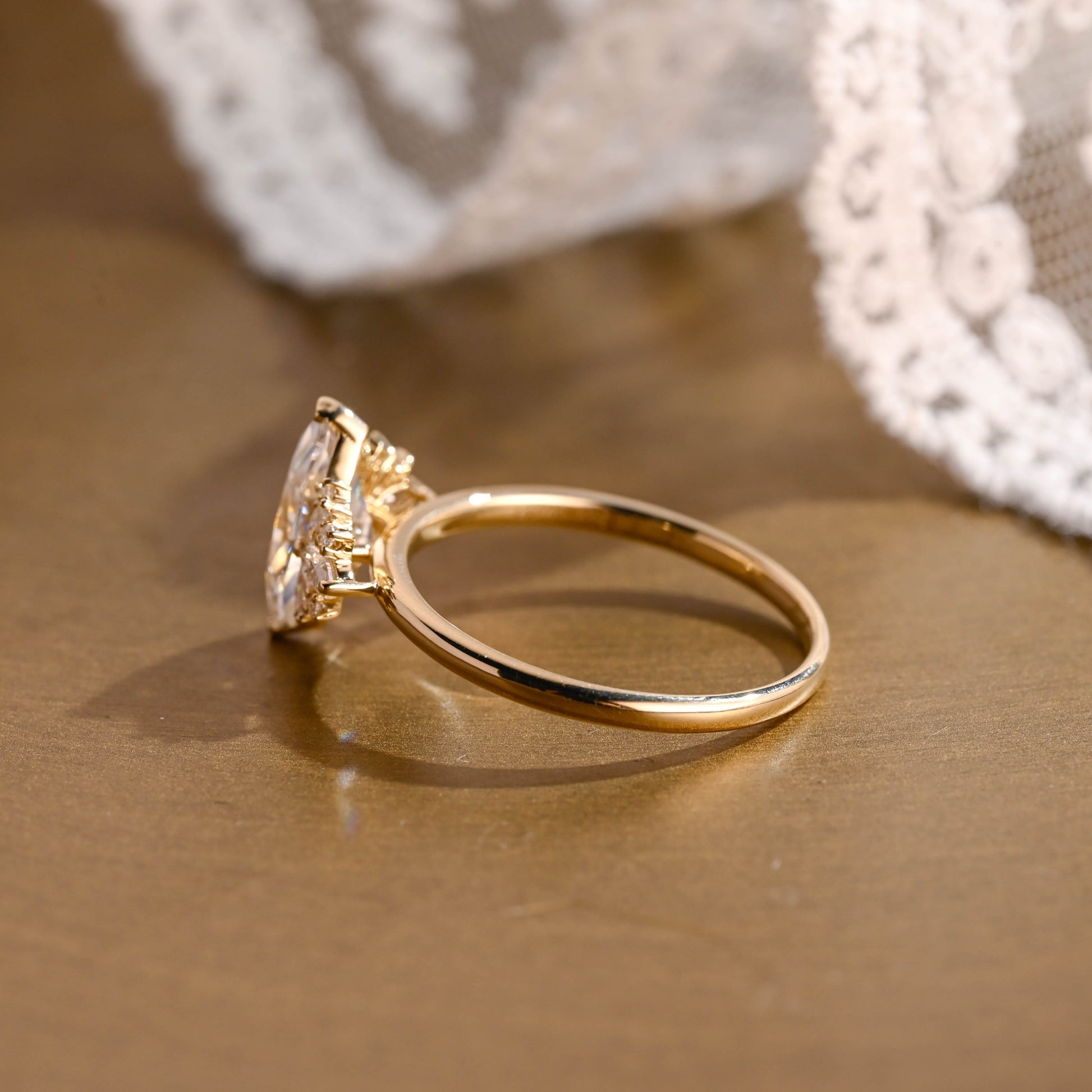 SquareJewelry marquise cut moissanite engagement ring Solid Gold Side Cluster Marquise Cut Moissanite Engagement Ring