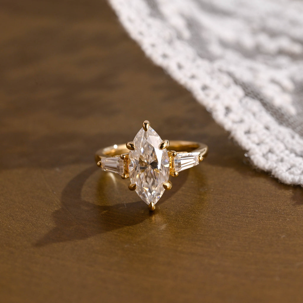 SquareJewelry marquise cut moissanite engagement ring Solid Gold Three Stone Marquise Cut Moissanite Engagement Ring