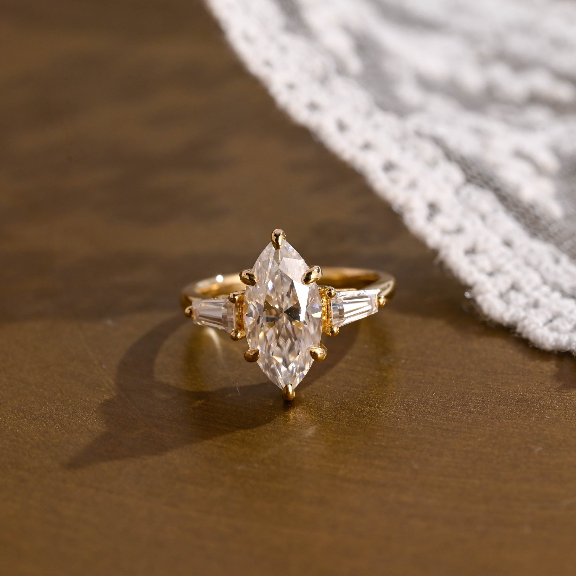 SquareJewelry marquise cut moissanite engagement ring Solid Gold Three Stone Marquise Cut Moissanite Engagement Ring