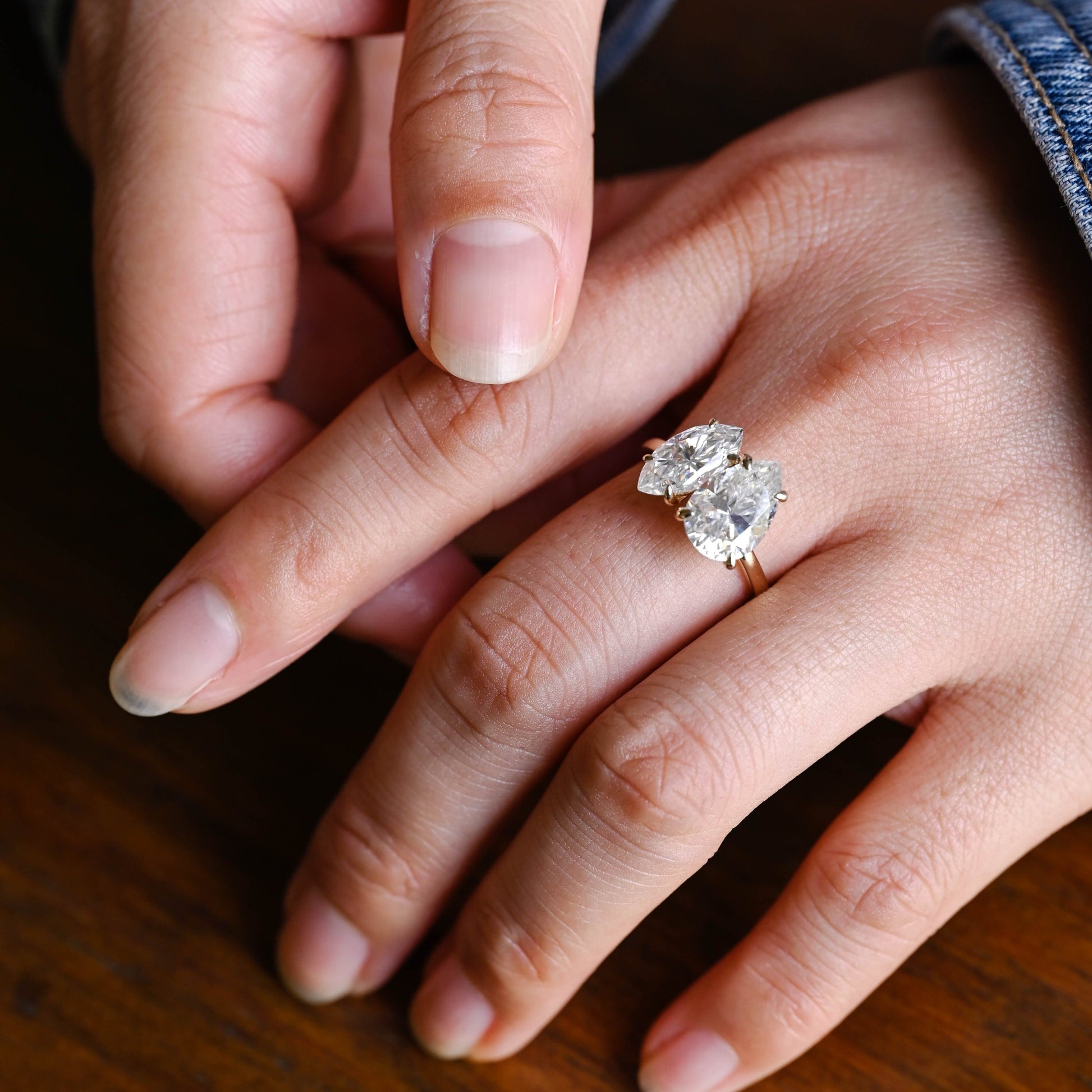 SquareJewelry marquise cut moissanite engagement ring Solid Gold Toi et Moi Marquise & Pear Moissanite Engagement Ring