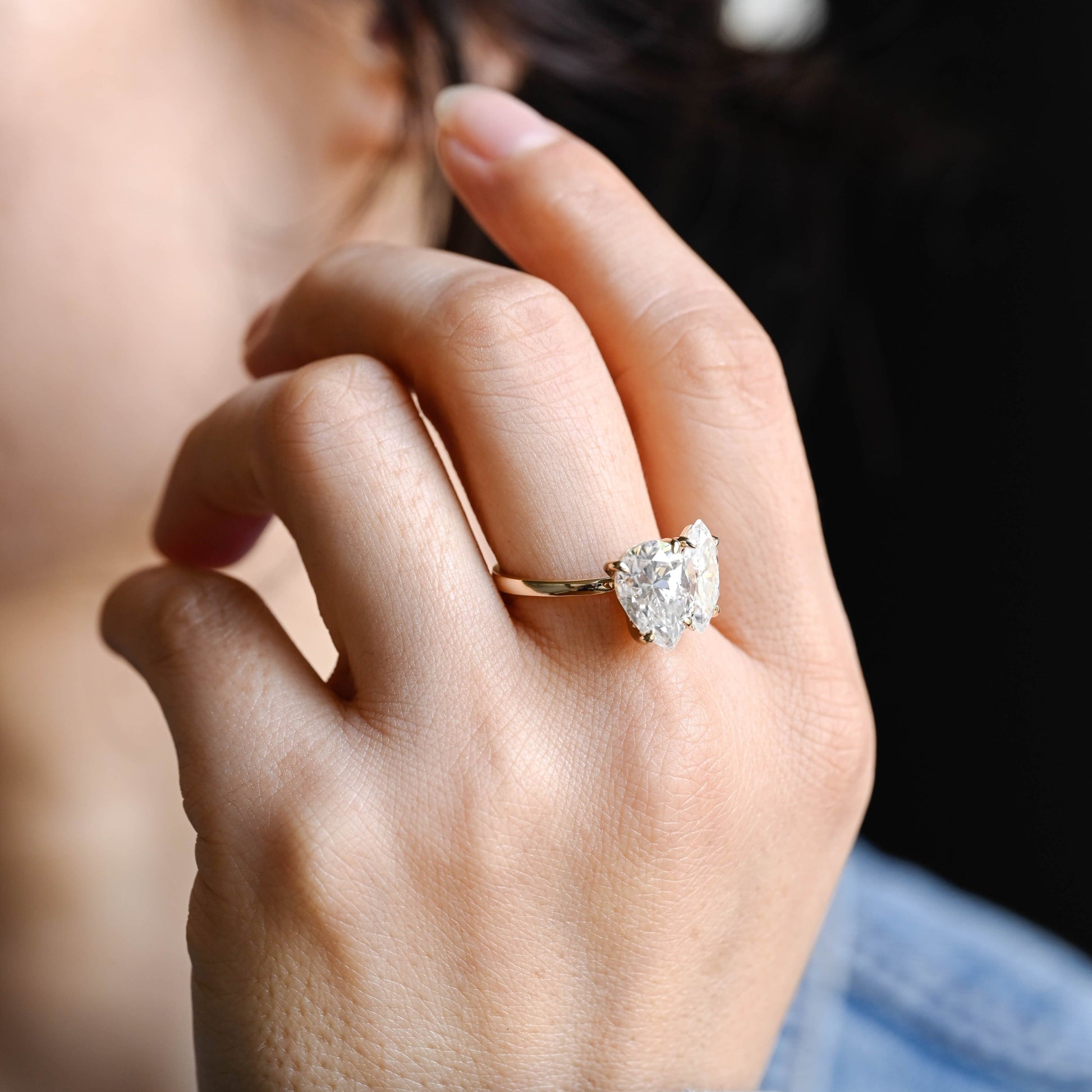 SquareJewelry marquise cut moissanite engagement ring Solid Gold Toi et Moi Marquise & Pear Moissanite Engagement Ring