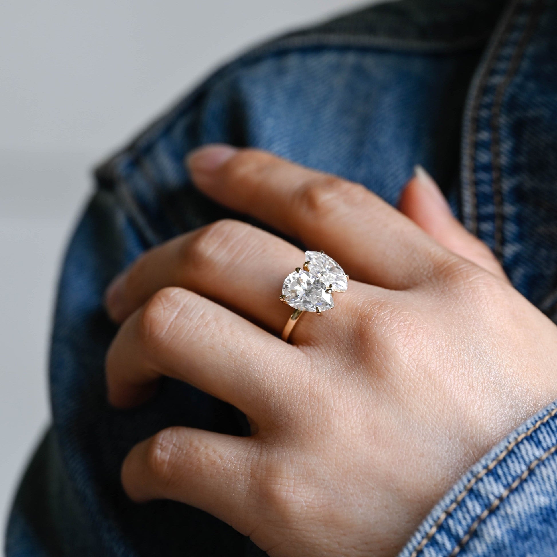 SquareJewelry marquise cut moissanite engagement ring Solid Gold Toi et Moi Marquise & Pear Moissanite Engagement Ring