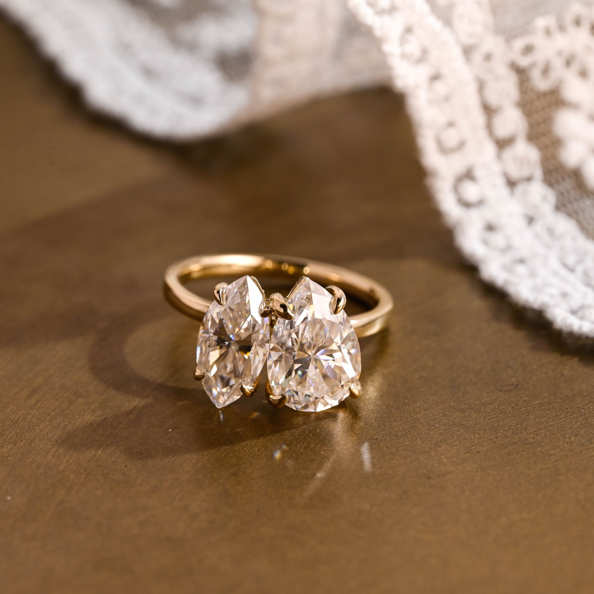 SquareJewelry marquise cut moissanite engagement ring Solid Gold Toi et Moi Marquise & Pear Moissanite Engagement Ring