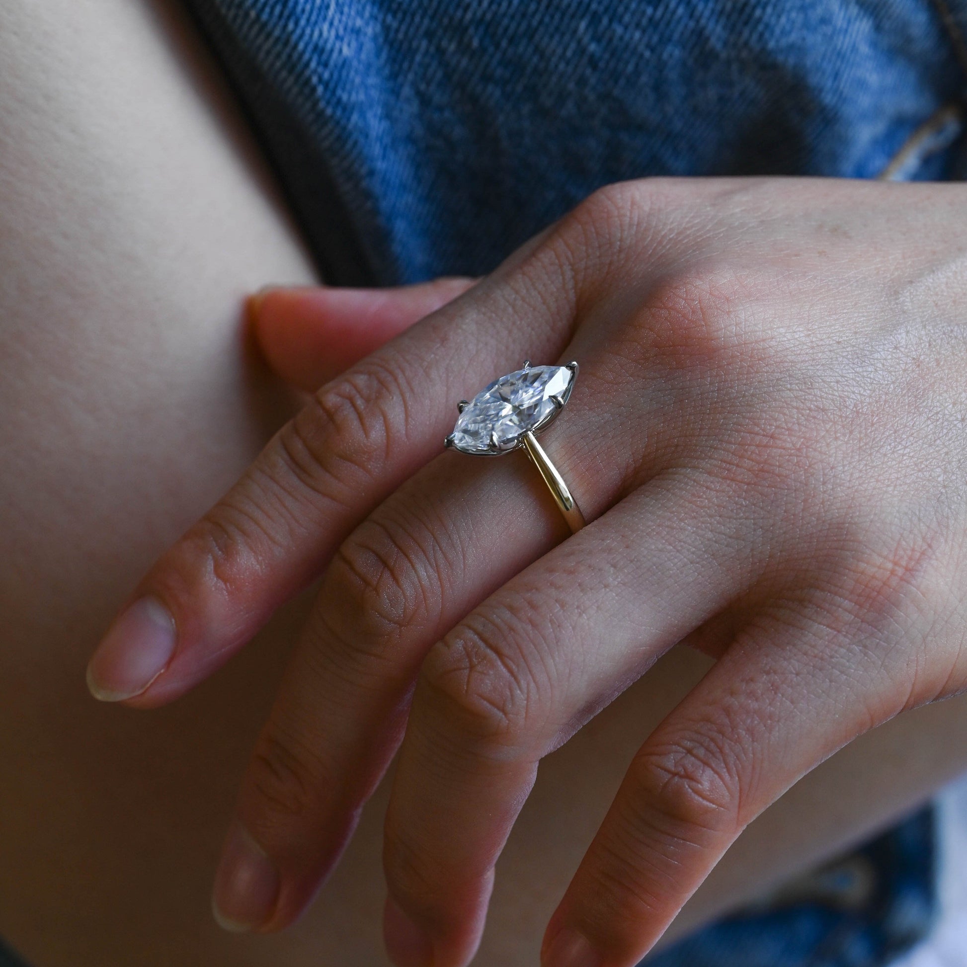 SquareJewelry marquise cut moissanite engagement ring Solid Gold Two Tone Solitaire Tulip Set Marquise Cut Moissanite Engagement Ring