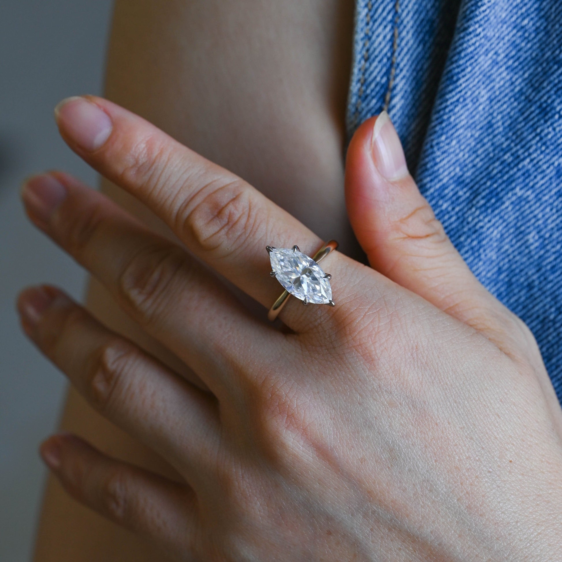 SquareJewelry marquise cut moissanite engagement ring Solid Gold Two Tone Solitaire Tulip Set Marquise Cut Moissanite Engagement Ring