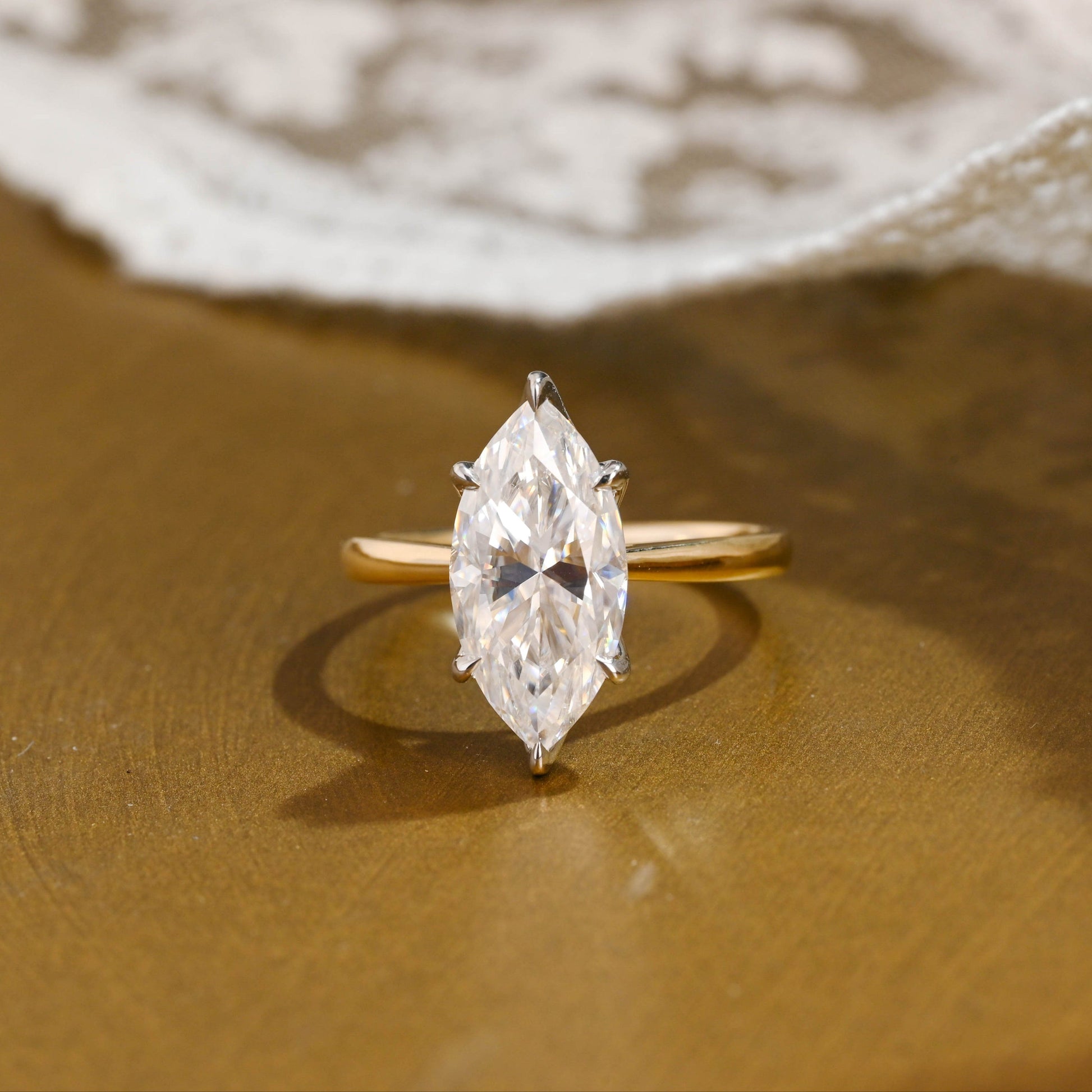 SquareJewelry marquise cut moissanite engagement ring Solid Gold Two Tone Solitaire Tulip Set Marquise Cut Moissanite Engagement Ring