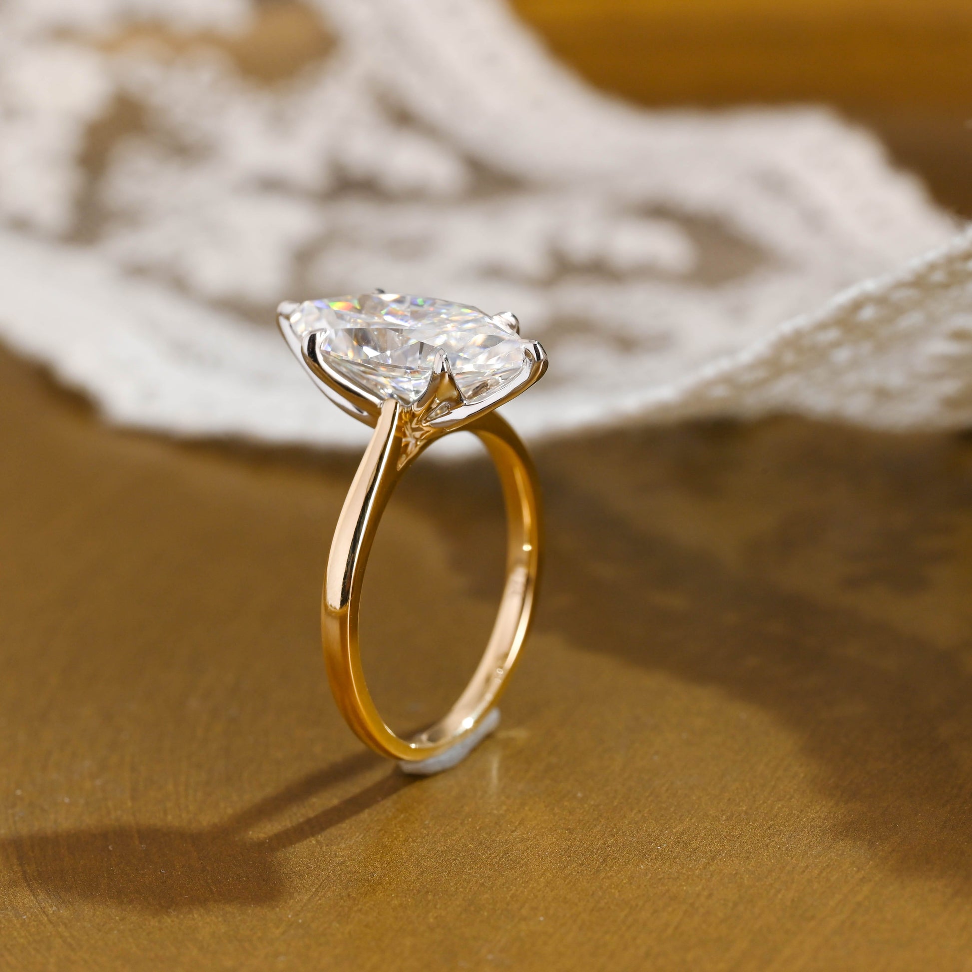 SquareJewelry marquise cut moissanite engagement ring Solid Gold Two Tone Solitaire Tulip Set Marquise Cut Moissanite Engagement Ring