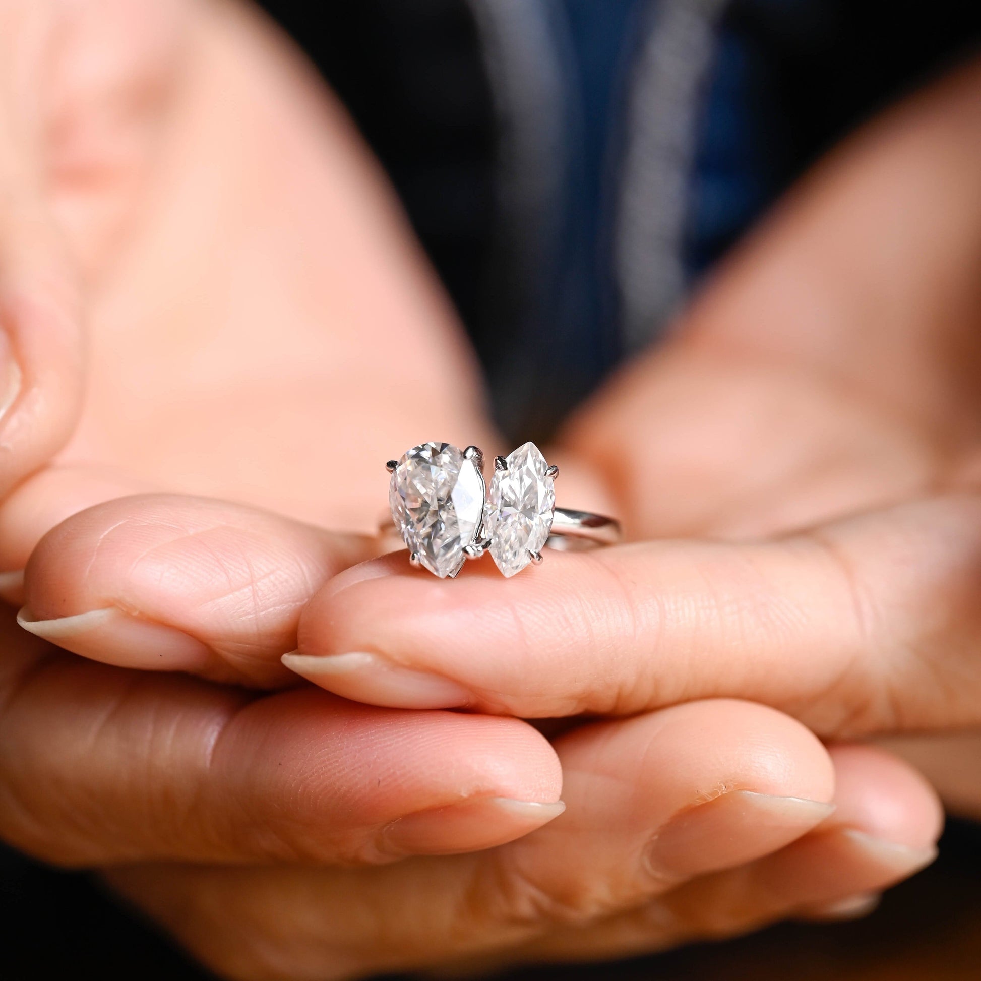 SquareJewelry marquise cut moissanite engagement ring Toi et Moi Marquise & Pear Moissanite Engagement Ring