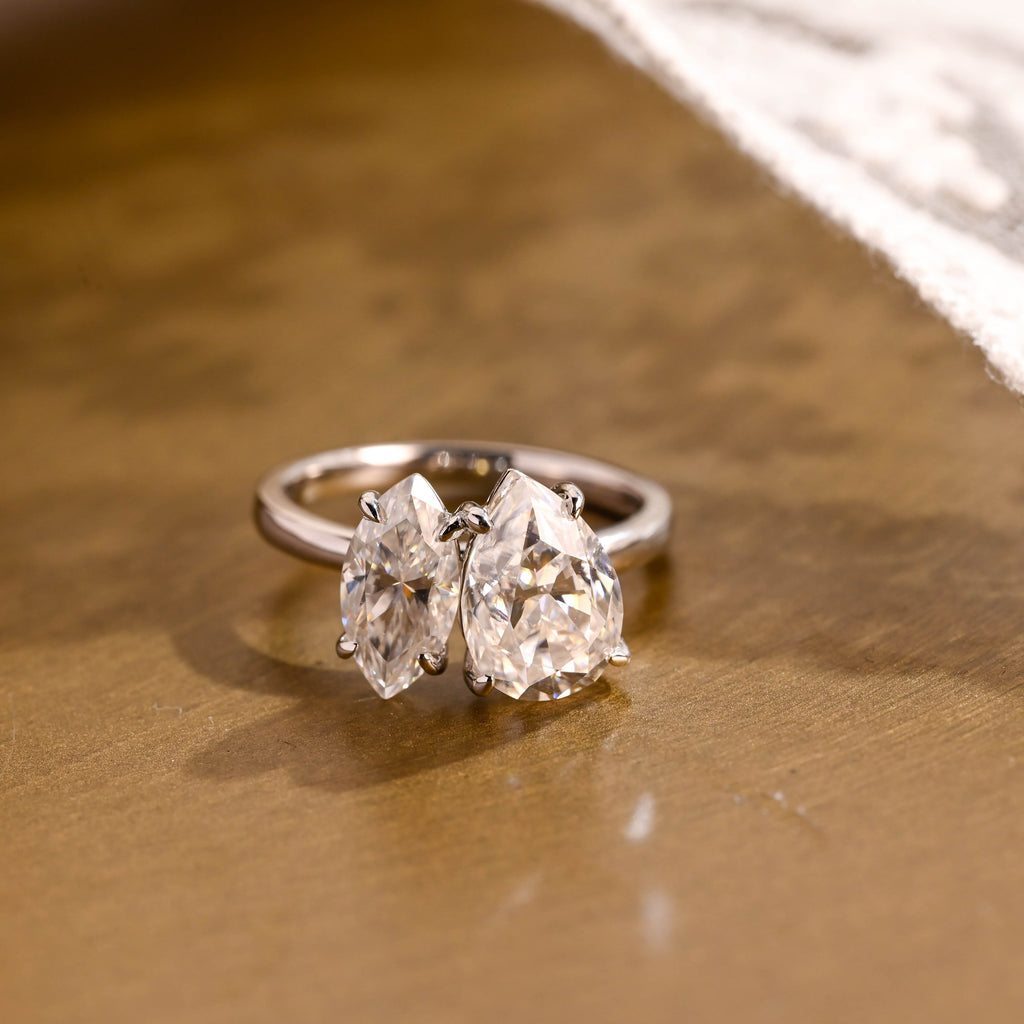 SquareJewelry marquise cut moissanite engagement ring Toi et Moi Marquise & Pear Moissanite Engagement Ring