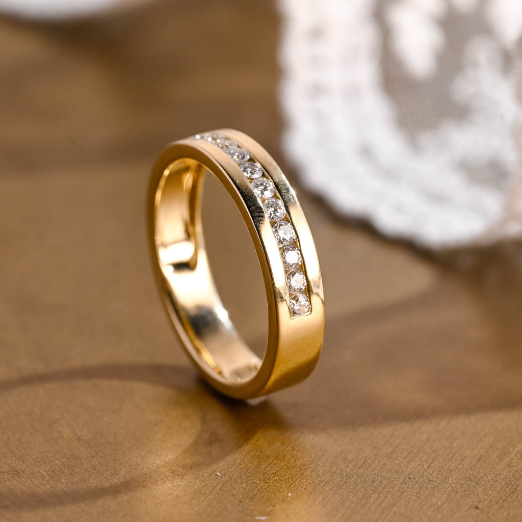 SquareJewelry men's wedding ring Solid Gold 5mm Width Round Cut Moissanite Wedding Band, Channel Set Wedding Ring