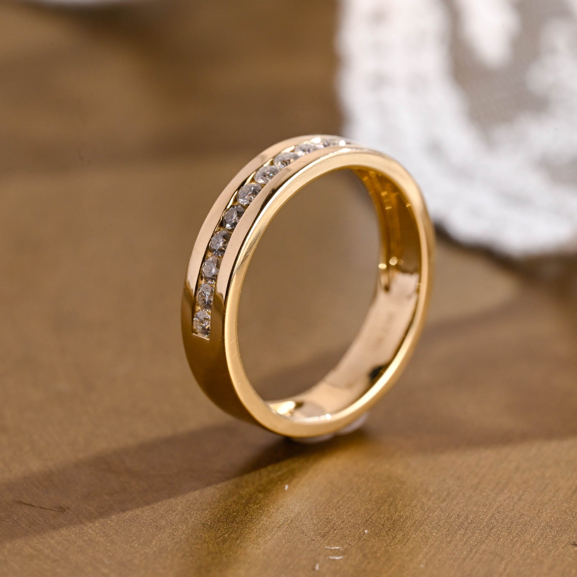 SquareJewelry men's wedding ring Solid Gold 5mm Width Round Cut Moissanite Wedding Band, Channel Set Wedding Ring