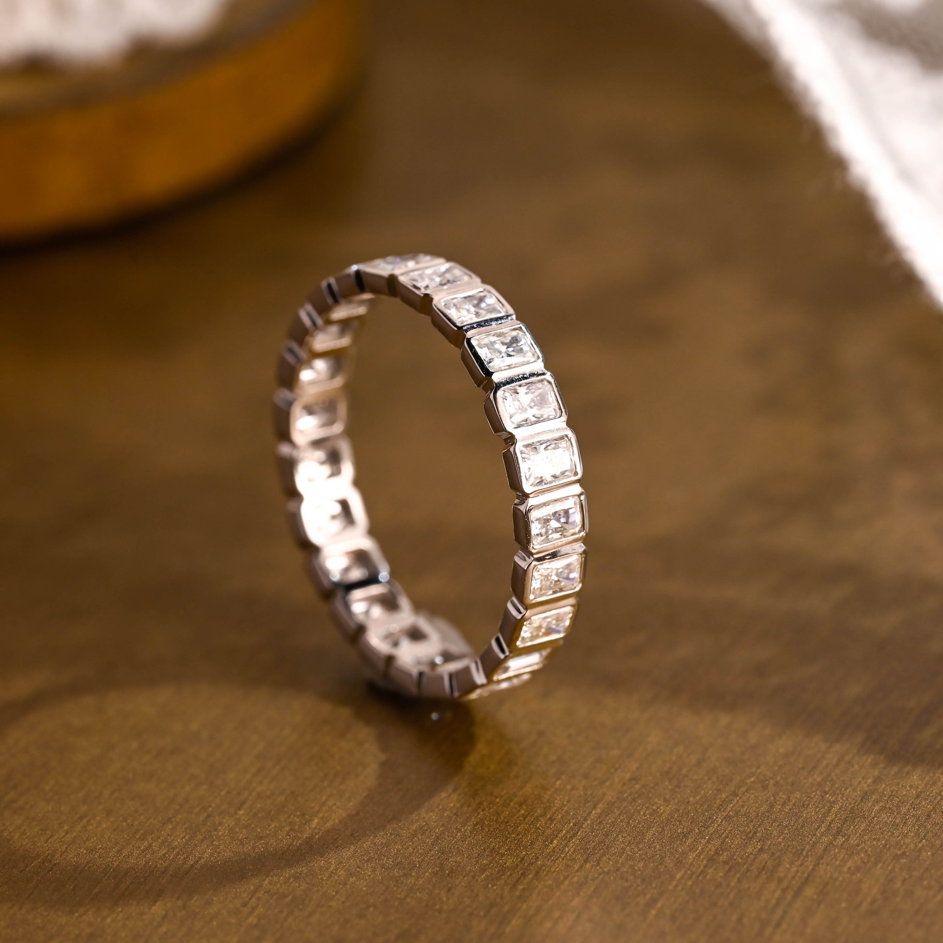 SquareJewelry men's wedding ring Solid Gold Bezel Radiant Cut Moissanite Wedding Band