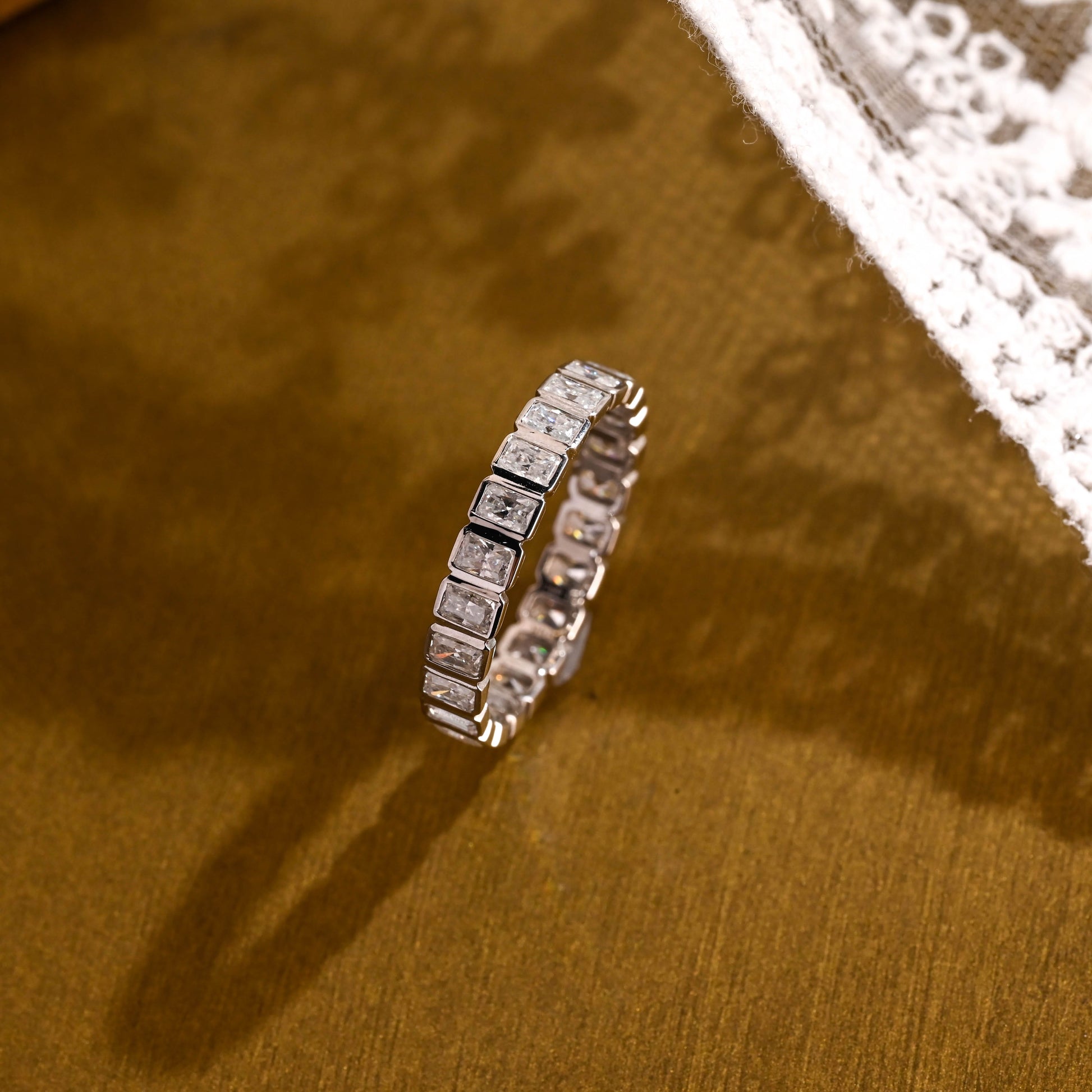 SquareJewelry men's wedding ring Solid Gold Bezel Radiant Cut Moissanite Wedding Band