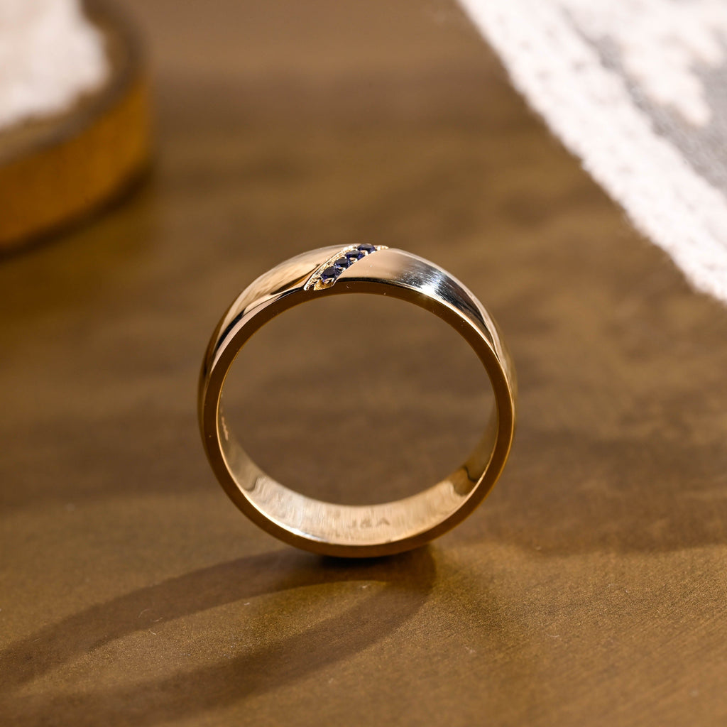 SquareJewelry men's wedding ring Solid Gold Lab Grown Blue Sapphire Accents 6mm Unisex Wedding Band