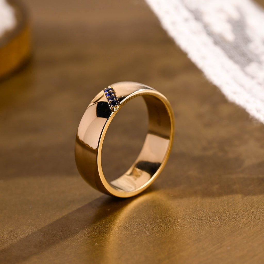 SquareJewelry men's wedding ring Solid Gold Lab Grown Blue Sapphire Accents 6mm Unisex Wedding Band
