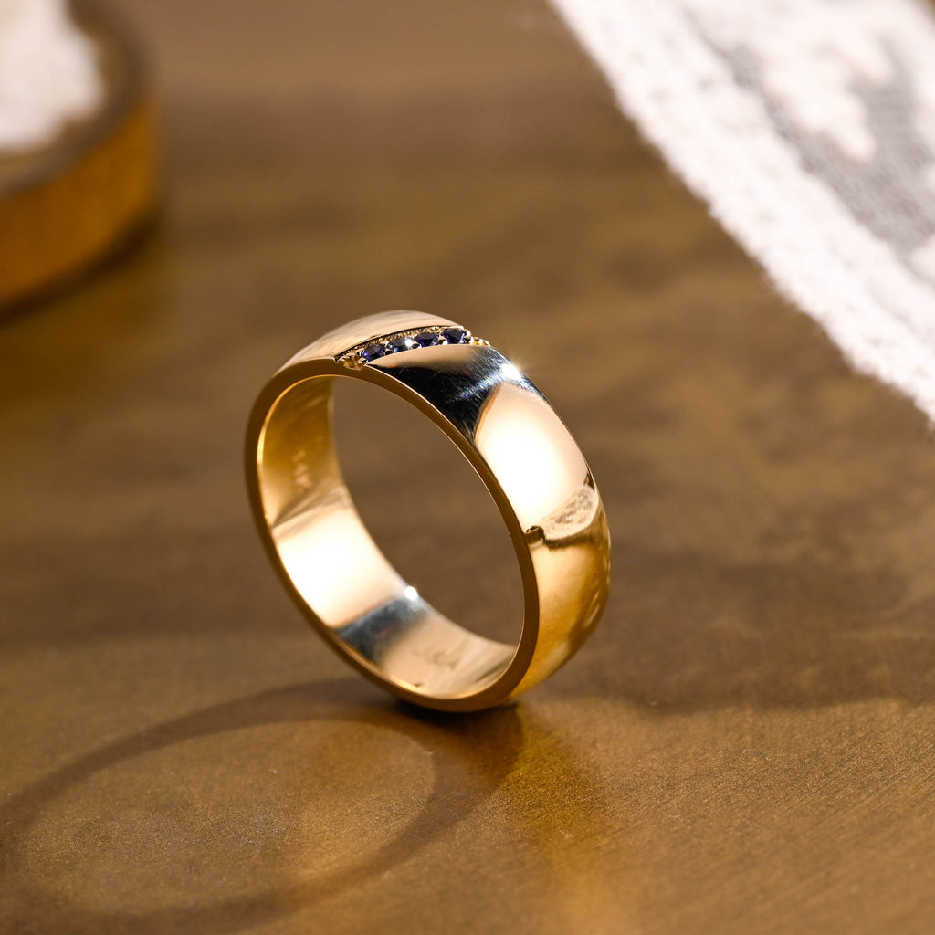 SquareJewelry men's wedding ring Solid Gold Lab Grown Blue Sapphire Accents 6mm Unisex Wedding Band