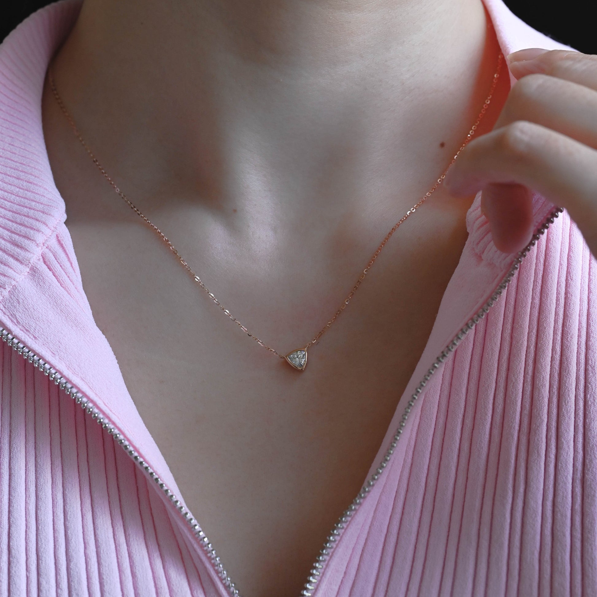SquareJewelry necklace Solid Gold Bezel Trillion Cut Moissanite Pendant