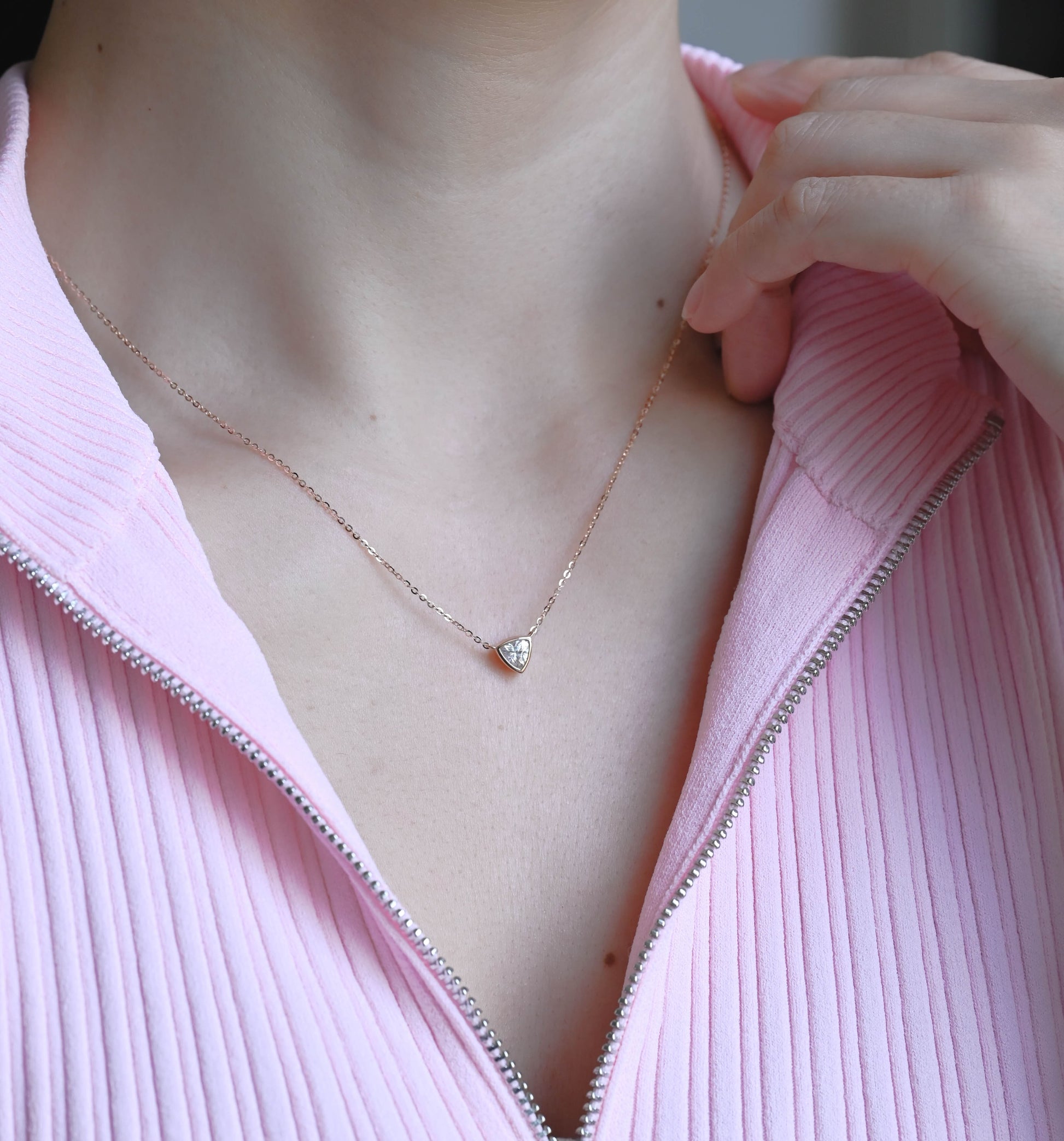 SquareJewelry necklace Solid Gold Bezel Trillion Cut Moissanite Pendant