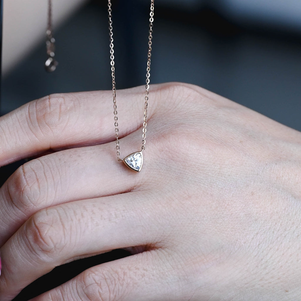 SquareJewelry necklace Solid Gold Bezel Trillion Cut Moissanite Pendant