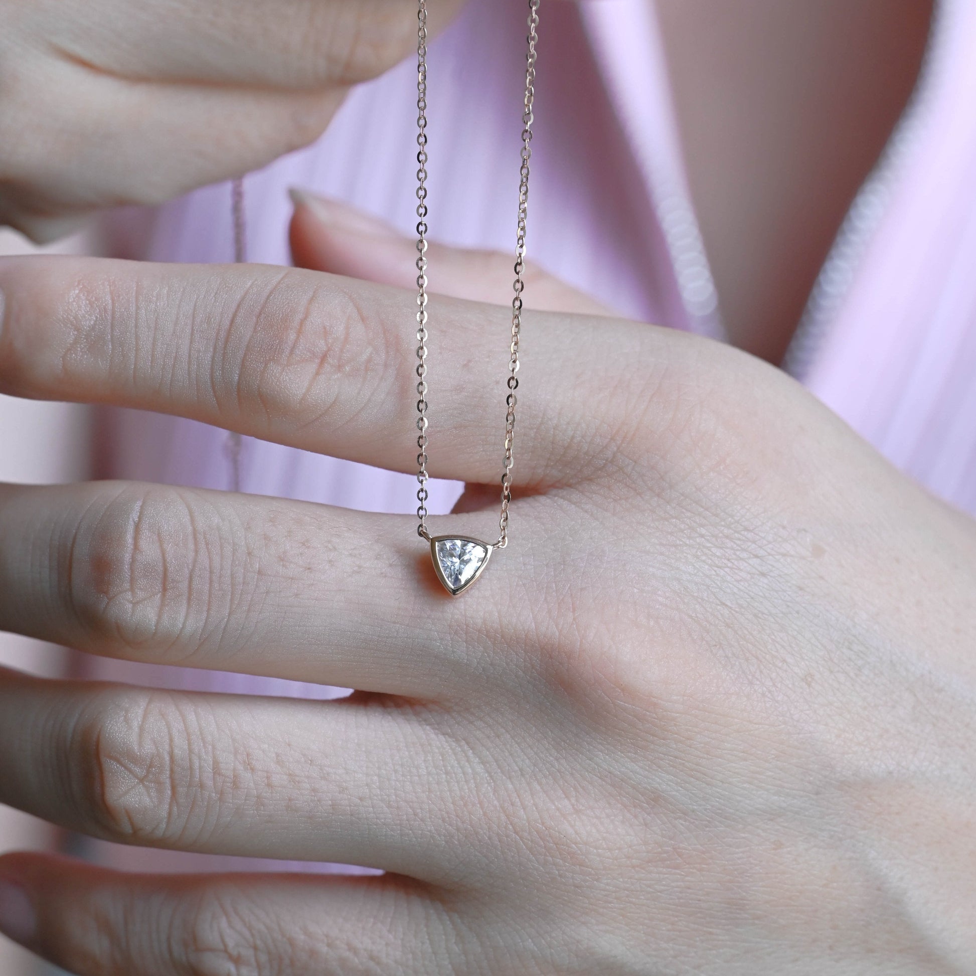 SquareJewelry necklace Solid Gold Bezel Trillion Cut Moissanite Pendant