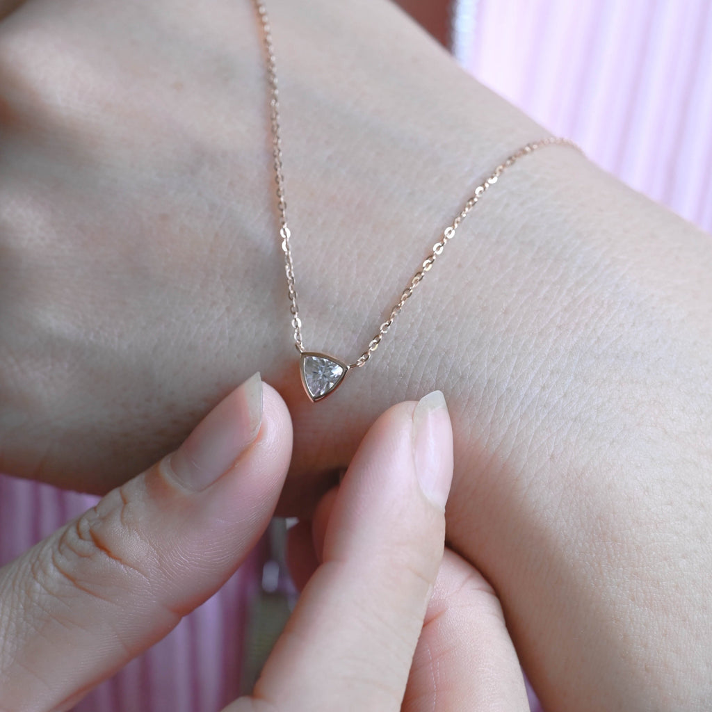 SquareJewelry necklace Solid Gold Bezel Trillion Cut Moissanite Pendant