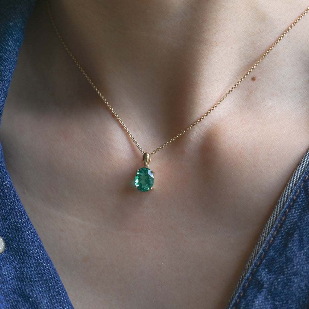 SquareJewelry necklace Solid Gold Classic Oval Lab Grown Emerald Solitaire Pendant