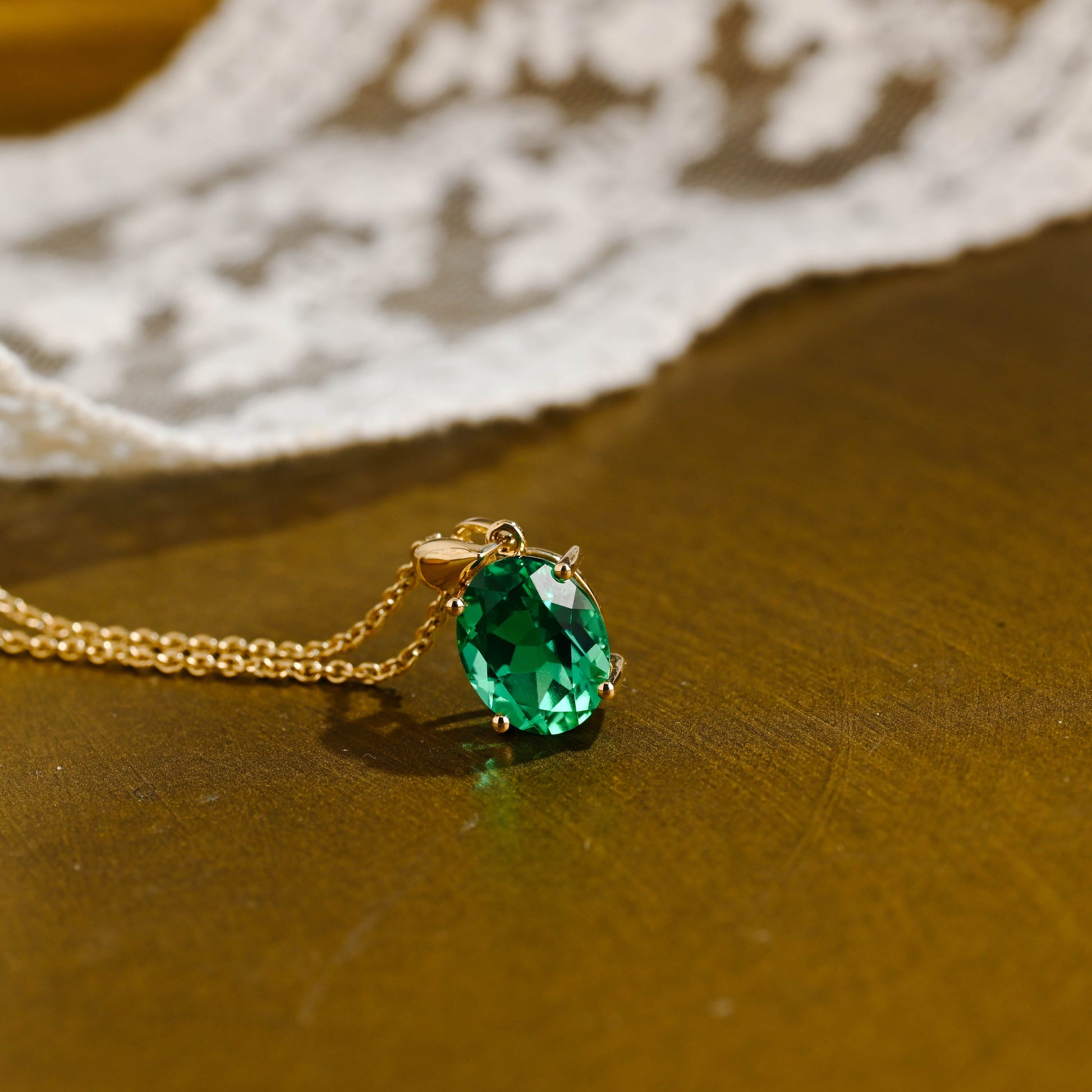 SquareJewelry necklace Solid Gold Classic Oval Lab Grown Emerald Solitaire Pendant