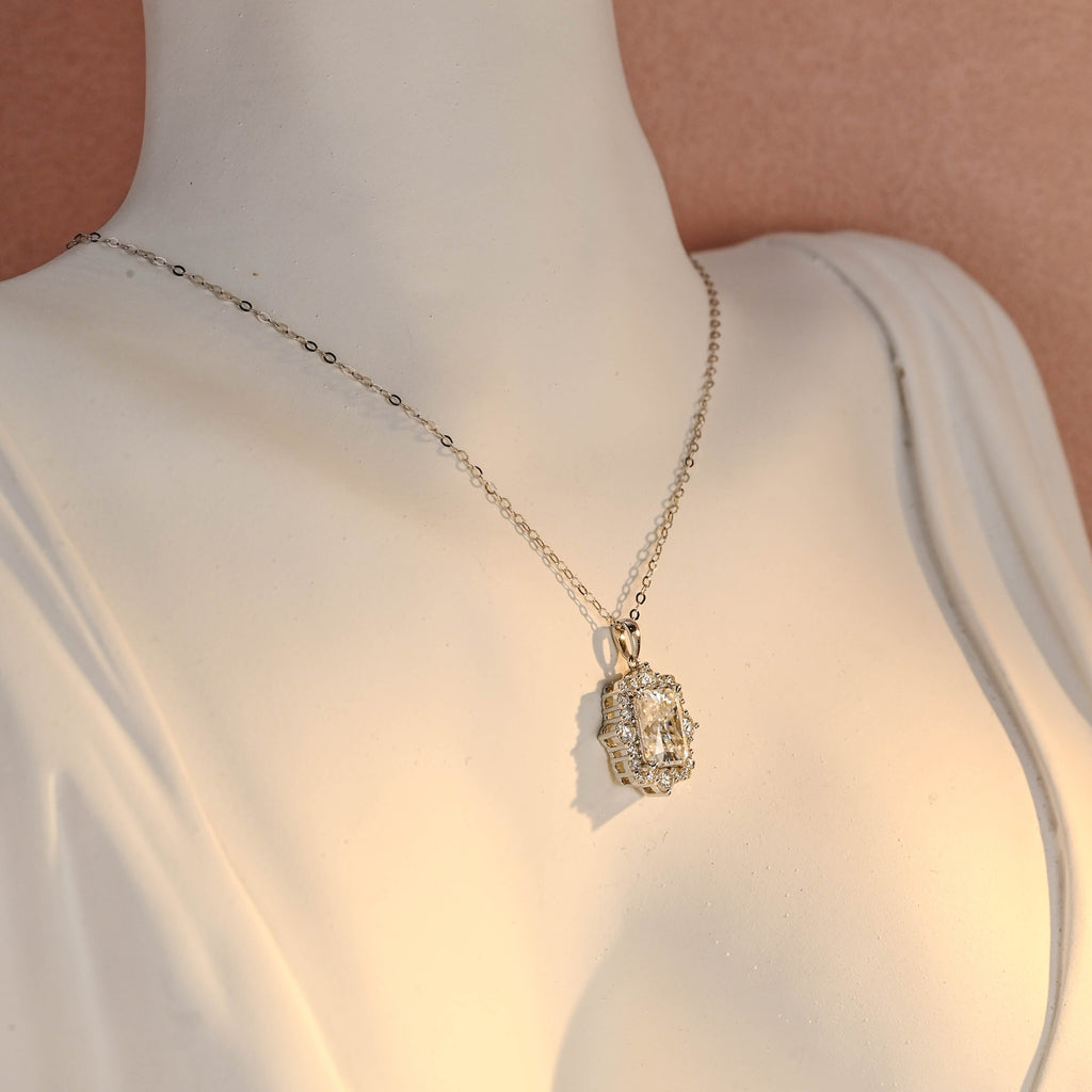 SquareJewelry necklace Solid Gold Radiant Cut Moissanite Pendant, Halo Wedding Necklace