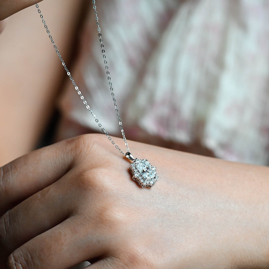 SquareJewelry necklace Solid Gold Radiant Cut Moissanite Pendant, Halo Wedding Necklace