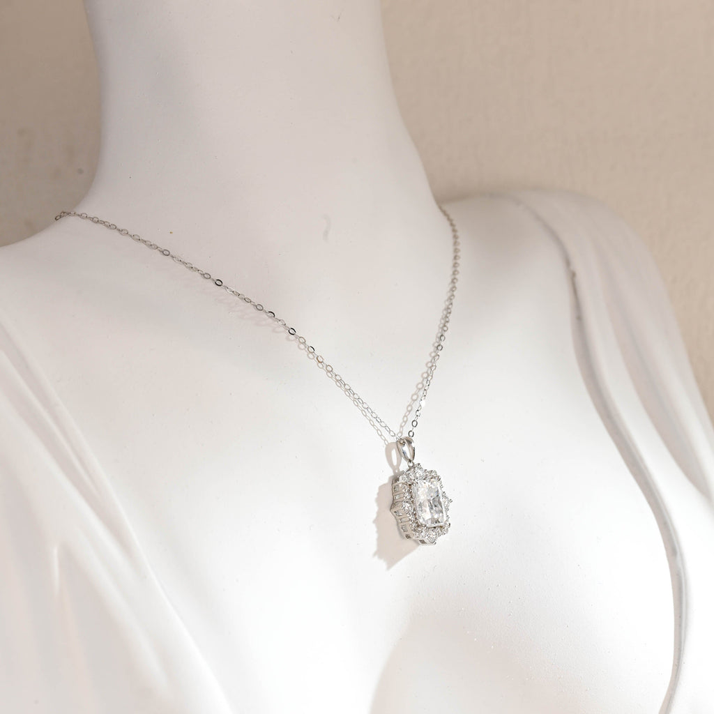 SquareJewelry necklace Solid Gold Radiant Cut Moissanite Pendant, Halo Wedding Necklace