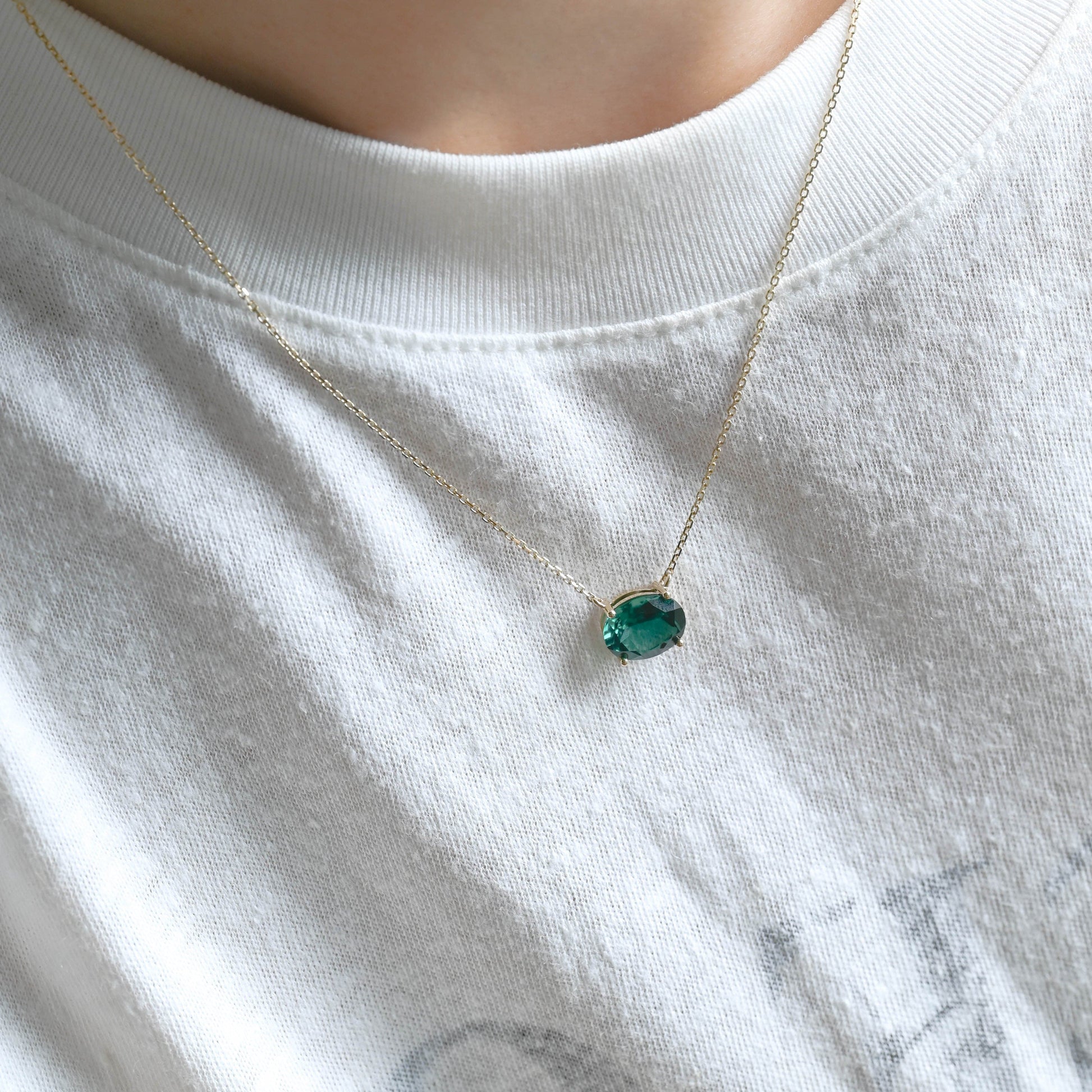 SquareJewelry necklace Solid Gold Solitaire Oval Cut Lab Grown Emerald Pendant Necklace